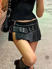 Punk Slit Mini Leather Skirt with Belt Summer Low Rise Loose Sexy Super Short PU Pleated Skirts Women y2k Gothic Outfits Aiertu