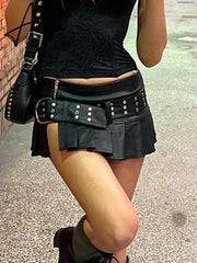 Punk Slit Mini Leather Skirt with Belt Summer Low Rise Loose Sexy Super Short PU Pleated Skirts Women y2k Gothic Outfits Aiertu