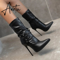 Punk Studs Sexy 12cm Stiletto Heels Boots Women Cross-band Pointy Toe Thin High Heeled Rose Red Green White Boot Zipper Aiertu