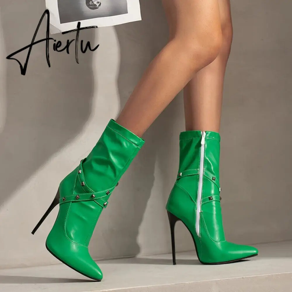 Punk Studs Sexy 12cm Stiletto Heels Boots Women Cross-band Pointy Toe Thin High Heeled Rose Red Green White Boot Zipper Aiertu