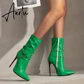 Punk Studs Sexy 12cm Stiletto Heels Boots Women Cross-band Pointy Toe Thin High Heeled Rose Red Green White Boot Zipper Aiertu