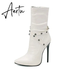 Punk Studs Sexy 12cm Stiletto Heels Boots Women Cross-band Pointy Toe Thin High Heeled Rose Red Green White Boot Zipper Aiertu