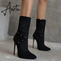 Punk Studs Sexy 12cm Stiletto Heels Boots Women Cross-band Pointy Toe Thin High Heeled Rose Red Green White Boot Zipper Aiertu