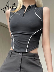 Punk Style Crop Top Zip Up Sleeveless Skinny T Shirt Chic Striped Stitched Body Tees Womens Basic Streetwear Top Summer Aiertu