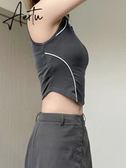 Punk Style Crop Top Zip Up Sleeveless Skinny T Shirt Chic Striped Stitched Body Tees Womens Basic Streetwear Top Summer Aiertu
