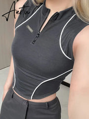 Punk Style Crop Top Zip Up Sleeveless Skinny T Shirt Chic Striped Stitched Body Tees Womens Basic Streetwear Top Summer Aiertu