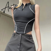 Punk Style Crop Top Zip Up Sleeveless Skinny T Shirt Chic Striped Stitched Body Tees Womens Basic Streetwear Top Summer Aiertu