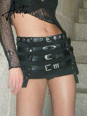 Punk Style Mini Skirt with PU Belts Y2k Gothic Low Rise Hot Sexy Super Short Skirt Streetwear 2000s Women's Outfits Chic Aiertu