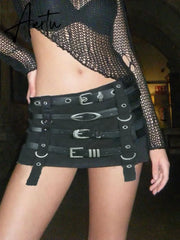 Punk Style Mini Skirt with PU Belts Y2k Gothic Low Rise Hot Sexy Super Short Skirt Streetwear 2000s Women's Outfits Chic Aiertu