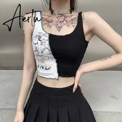 Punk Style Patchwork Tank Tops Aesthetic Letter And Graphic Print Women Crop Top Color Blocking Sleeveless Streetwear Aiertu