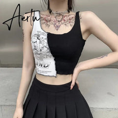 Punk Style Patchwork Tank Tops Aesthetic Letter And Graphic Print Women Crop Top Color Blocking Sleeveless Streetwear Aiertu