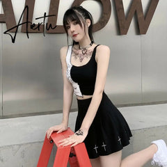 Punk Style Patchwork Tank Tops Aesthetic Letter And Graphic Print Women Crop Top Color Blocking Sleeveless Streetwear Aiertu