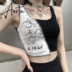 Punk Style Patchwork Tank Tops Aesthetic Letter And Graphic Print Women Crop Top Color Blocking Sleeveless Streetwear Aiertu