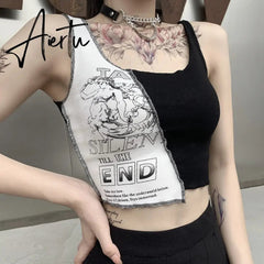 Punk Style Patchwork Tank Tops Aesthetic Letter And Graphic Print Women Crop Top Color Blocking Sleeveless Streetwear Aiertu
