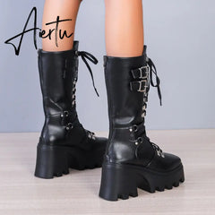 Punk Thick Platform Long Boots Women Autumn Metal Buckle Pu Leather Boots Shoes Woman Chunky Heels Mid Calf Botas Mujer Aiertu