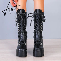 Punk Thick Platform Long Boots Women Autumn Metal Buckle Pu Leather Boots Shoes Woman Chunky Heels Mid Calf Botas Mujer Aiertu