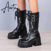 Punk Thick Platform Long Boots Women Autumn Metal Buckle Pu Leather Boots Shoes Woman Chunky Heels Mid Calf Botas Mujer Aiertu