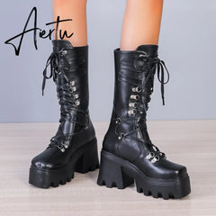 Punk Thick Platform Long Boots Women Autumn Metal Buckle Pu Leather Boots Shoes Woman Chunky Heels Mid Calf Botas Mujer Aiertu