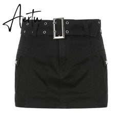 Punk Vintage Cargo Short Skirt With Belt Women Casual Grunge 2000s Mini Pencil Skirts Summer Harajuku Pockets Streetwear Aiertu