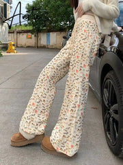 Puppy Print Casual Sweat Y2k Pants Female Autumn Winter Plus Fleece High Waisted Slim Rope Flared Straight Leg Pants Aiertu