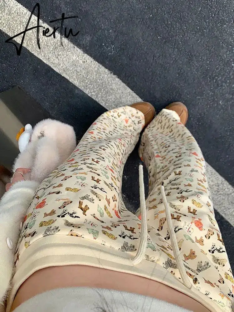 Puppy Print Casual Sweat Y2k Pants Female Autumn Winter Plus Fleece High Waisted Slim Rope Flared Straight Leg Pants Aiertu