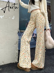 Puppy Print Casual Sweat Y2k Pants Female Autumn Winter Plus Fleece High Waisted Slim Rope Flared Straight Leg Pants Aiertu
