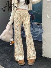 Puppy Print Casual Sweat Y2k Pants Female Autumn Winter Plus Fleece High Waisted Slim Rope Flared Straight Leg Pants Aiertu