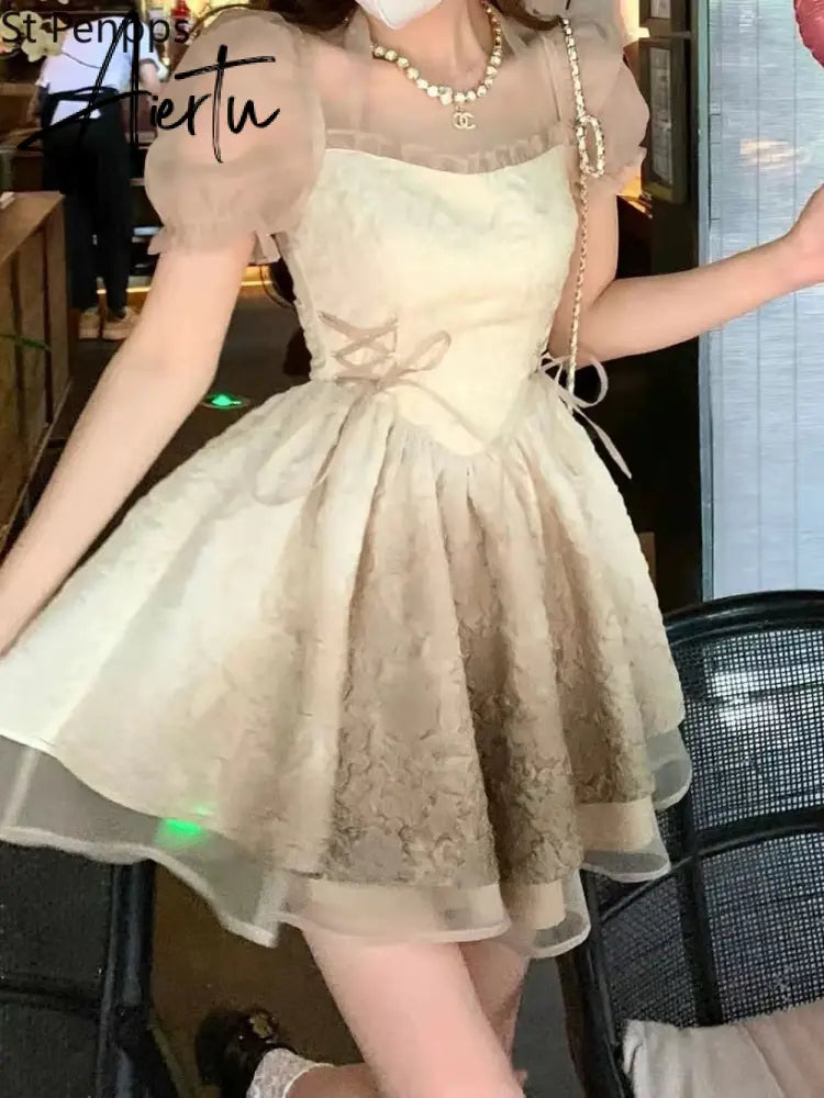 Pure Desire Mesh Dress Female First Love French Sweet Waist Temperament Tie Design Small Small Short Skirt Aiertu