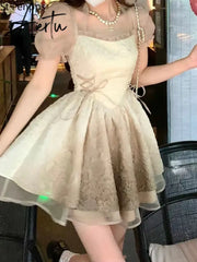 Pure Desire Mesh Dress Female First Love French Sweet Waist Temperament Tie Design Small Small Short Skirt Aiertu