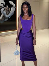 Purple Corset Satin Square Neck Crop Top And Draped Midi Dress Sets Slim Long Skirt Suits Two Piece Sets Womens Outfits Aiertu