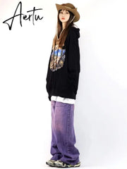 Purple Denim Trousers Alt Clothes Y2K Streetwear Harajuku High Waist Wide Leg Pants Women Men Vintage Pockets Baggy Cargo Jeans Aiertu