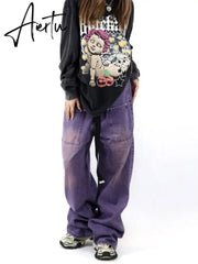 Purple Denim Trousers Alt Clothes Y2K Streetwear Harajuku High Waist Wide Leg Pants Women Men Vintage Pockets Baggy Cargo Jeans Aiertu