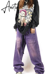 Purple Denim Trousers Alt Clothes Y2K Streetwear Harajuku High Waist Wide Leg Pants Women Men Vintage Pockets Baggy Cargo Jeans Aiertu