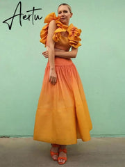 Rainbow Holiday Skirt Suit Female Flounce Sleeve Skinny Crop Top And Elastic High Waist Pleated Skirts 2 Pieces Set Women Party Aiertu