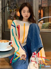 Rainbow Striped Sweater Women Pullovers Fall Winter New O Neck Long Sleeve Knit Tops Korean Chic Warm Tassel Jumpers Aiertu