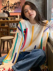 Rainbow Striped Sweater Women Pullovers Fall Winter New O Neck Long Sleeve Knit Tops Korean Chic Warm Tassel Jumpers Aiertu