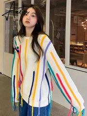 Rainbow Striped Sweater Women Pullovers Fall Winter New O Neck Long Sleeve Knit Tops Korean Chic Warm Tassel Jumpers Aiertu