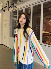 Rainbow Striped Sweater Women Pullovers Fall Winter New O Neck Long Sleeve Knit Tops Korean Chic Warm Tassel Jumpers Aiertu