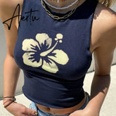 Rapcopter Floral Tank Tops y2k Aesthetic Corset Top Vintage Seeveless O Neck Crop Top Women Contrast Harajuku Cute Tee Summer Aiertu