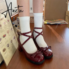 Red Mary Jane Women Pumps Thick High Heels Shoes Female Lolita Square Toe Shoes Spring Fashion Party Leather Woman Shoes New Aiertu