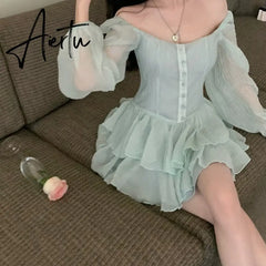 Retro Cupcake Dress Square Neck Puff Sleeve Dress Women Chic Patchwork Spring New High Waist Long Sleeve Short Dress Summer Aiertu