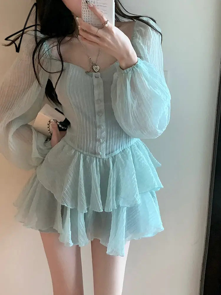 Retro Cupcake Dress Square Neck Puff Sleeve Dress Women Chic Patchwork Spring New High Waist Long Sleeve Short Dress Summer Aiertu