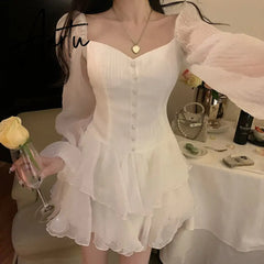 Retro Cupcake Dress Square Neck Puff Sleeve Dress Women Chic Patchwork Spring New High Waist Long Sleeve Short Dress Summer Aiertu