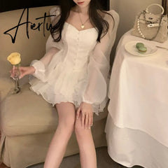 Retro Cupcake Dress Square Neck Puff Sleeve Dress Women Chic Patchwork Spring New High Waist Long Sleeve Short Dress Summer Aiertu