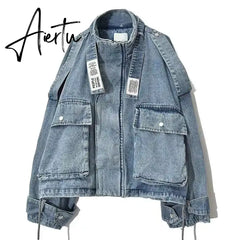 Retro Denim Coat for Women Short Loose Letter Student Harajuku Lady's Denim Jackets Hiphop Spring and Autumn Cowboy Old Outwear Aiertu
