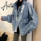 Retro Denim Coat for Women Short Loose Letter Student Harajuku Lady's Denim Jackets Hiphop Spring and Autumn Cowboy Old Outwear Aiertu