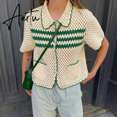 Retro Green Stripe Knitted Cardigan Tops Women Button Up Short Sleeve Crochet Blouse Shirts Preppy Style Sweaters Y2K Aiertu
