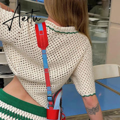 Retro Green Stripe Knitted Cardigan Tops Women Button Up Short Sleeve Crochet Blouse Shirts Preppy Style Sweaters Y2K Aiertu