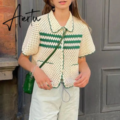 Retro Green Stripe Knitted Cardigan Tops Women Button Up Short Sleeve Crochet Blouse Shirts Preppy Style Sweaters Y2K Aiertu