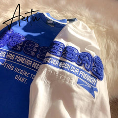 Retro Klein Blue Flocking Embroidery T Shirts Fashion Preppy Oversized Short Sleeve Tops Summer Large 3XL Casual Men Women Aiertu